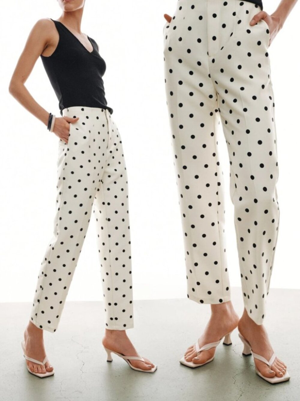 Cream Polka Dot Zip Front High Waist Seam Pocket Cropped Slim Trousers
